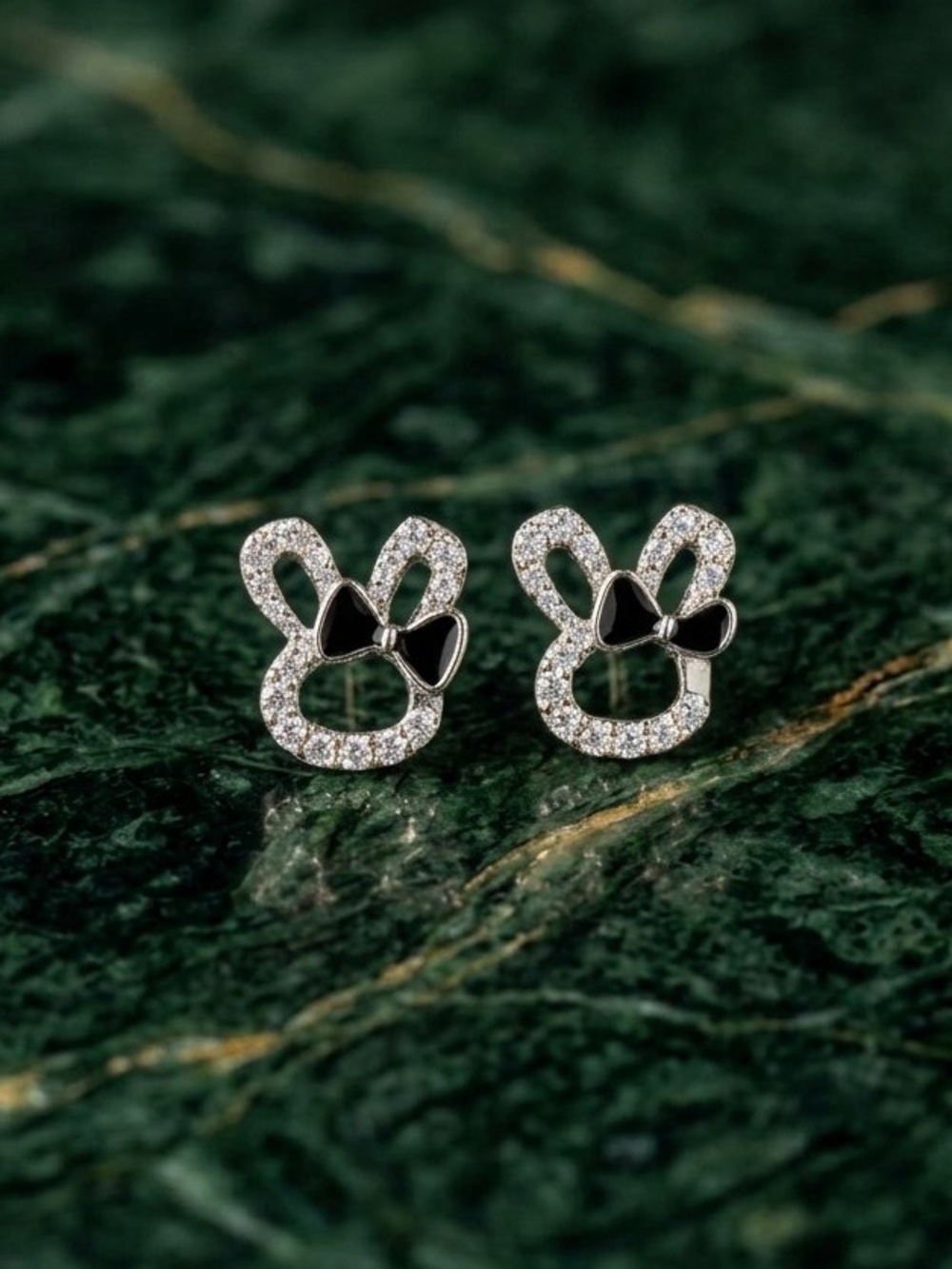 Sparkling Bunny Bow Stud Earrings - Silver & Black